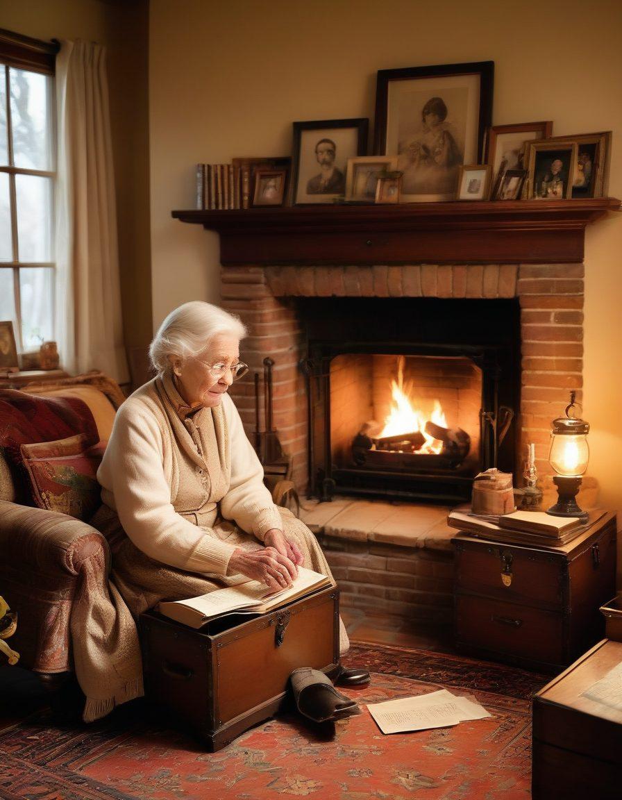 An enchanting elder sitting in a cozy living room, surrounded by a warm glow from a fireplace, sharing a treasure chest filled with old photographs and handwritten letters. The scene captures a profound moment of connection between generations, with children listening intently, their eyes wide with curiosity. The room is adorned with family heirlooms and memories that bring a sense of nostalgia and warmth. whimsical illustration. soft colors. inviting atmosphere.