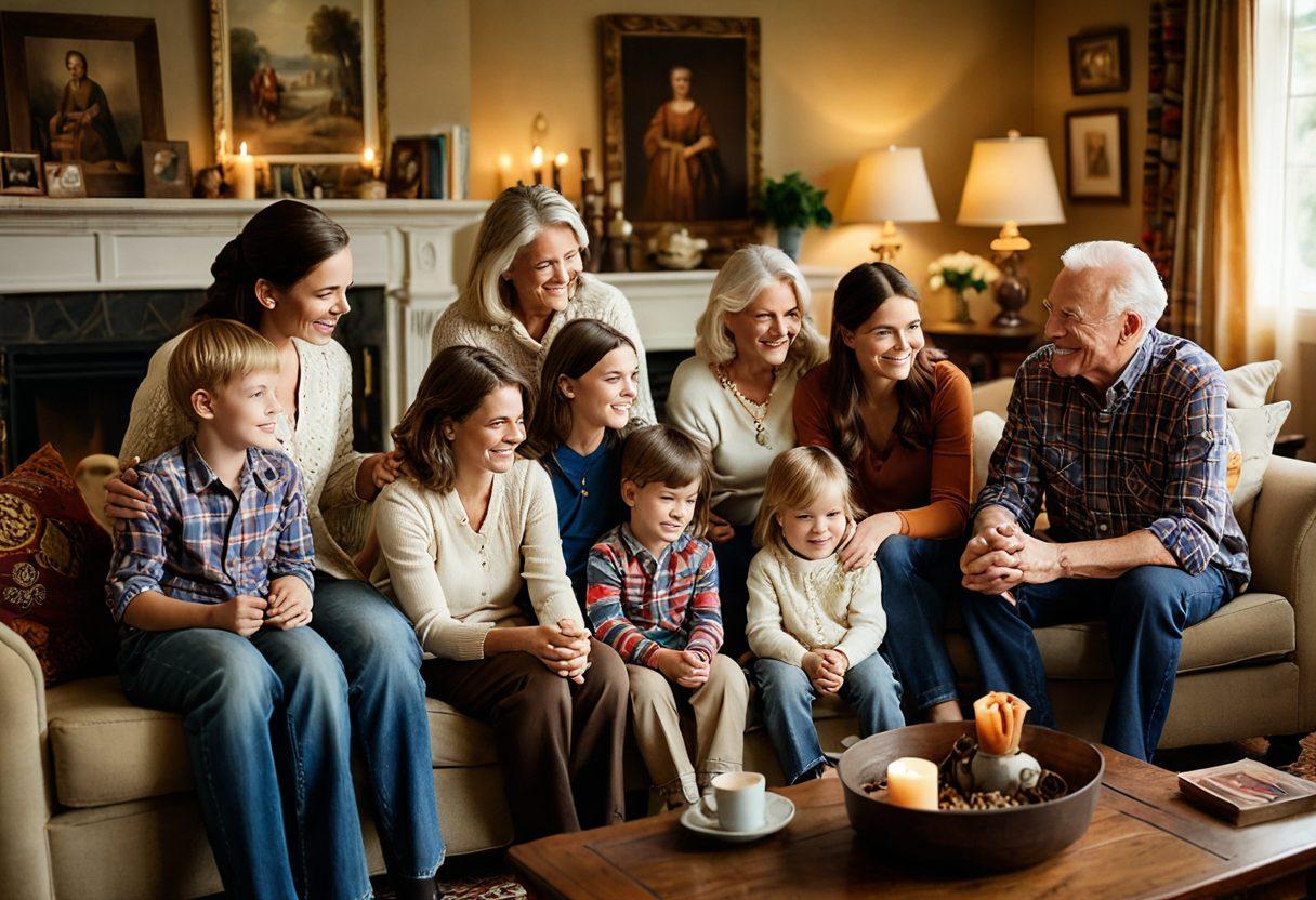 A warm, inviting family gathering scene in a cozy living room, showcasing multiple generations sharing stories, with children listening intently, surrounded by family photos and heirlooms. Soft, glowing light fills the room to create a sense of nostalgia and connection. A cultural tapestry hangs in the background, representing diverse heritage. super-realistic. warm colors. soft focus.